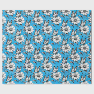Butterfly On Flower Pattern Blue Design Wrapping Paper