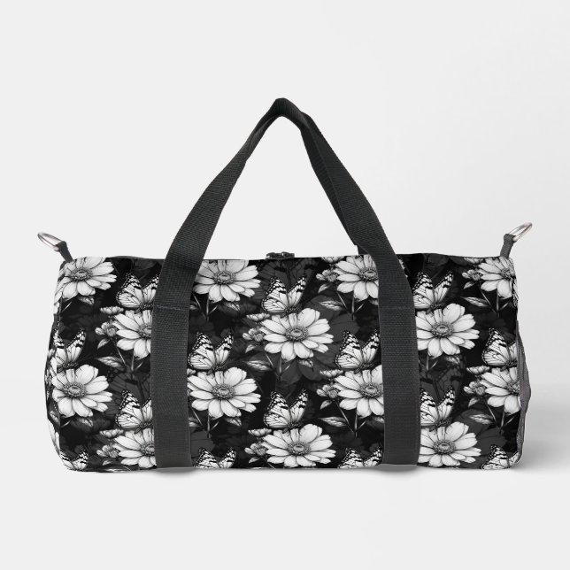 Butterfly On Flower Pattern Design - Black  Duffle Bag (Front)