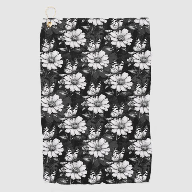 Butterfly On Flower Pattern Design - Black  Golf Towel (Front)