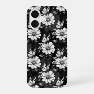 Butterfly On Flower Pattern Design - Black iPhone 16 Case