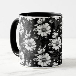 Butterfly On Flower Pattern Design - Black Mug