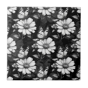 Butterfly On Flower Pattern Design - Black Tile