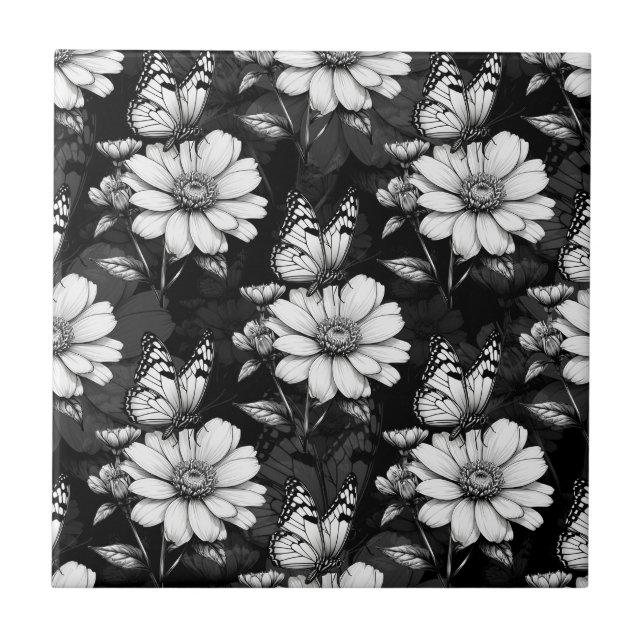 Butterfly On Flower Pattern Design - Black  Tile (Front)