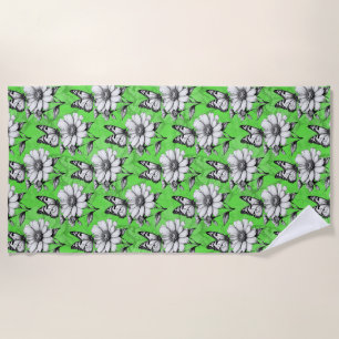 Butterfly On Flower Pattern Green Design Beach Towel