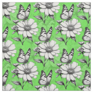 Butterfly On Flower Pattern Green Design Fabric