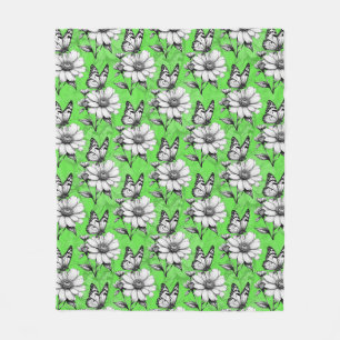 Butterfly On Flower Pattern Green Design Fleece Blanket