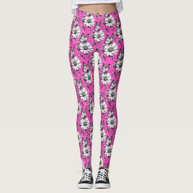 Butterfly On Flower Pattern Pink Design   Leggings (Front)