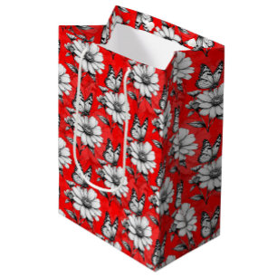 Butterfly On Flower Pattern Red Design Medium Gift Bag