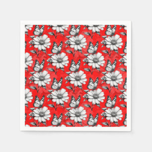 Butterfly On Flower Pattern Red Design Napkin