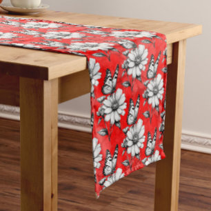 Butterfly On Flower Pattern Red Design Short Table Runner