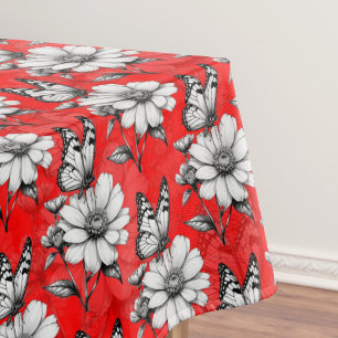 Butterfly On Flower Pattern Red Design Tablecloth