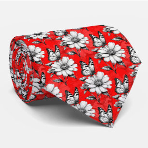 Butterfly On Flower Pattern Red Design Tie
