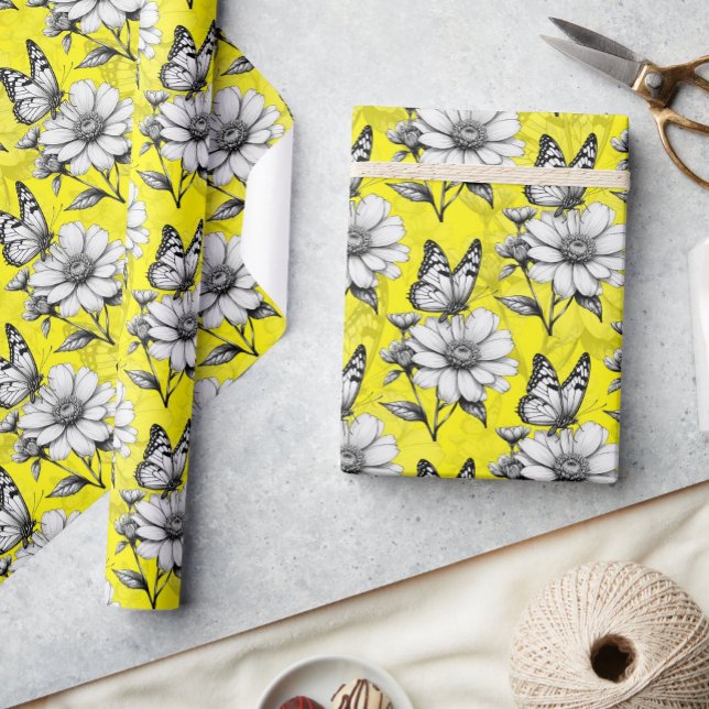 Butterfly On Flower Pattern Yellow Design   Wrapping Paper (Creator Uploaded)
