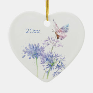 Butterfly on Garden Flowers Floral Watercolor Art  Ceramic Tree Decoration