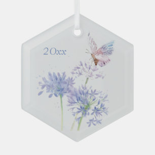 Butterfly on Garden Flowers Floral Watercolor Art  Glass Tree Decoration