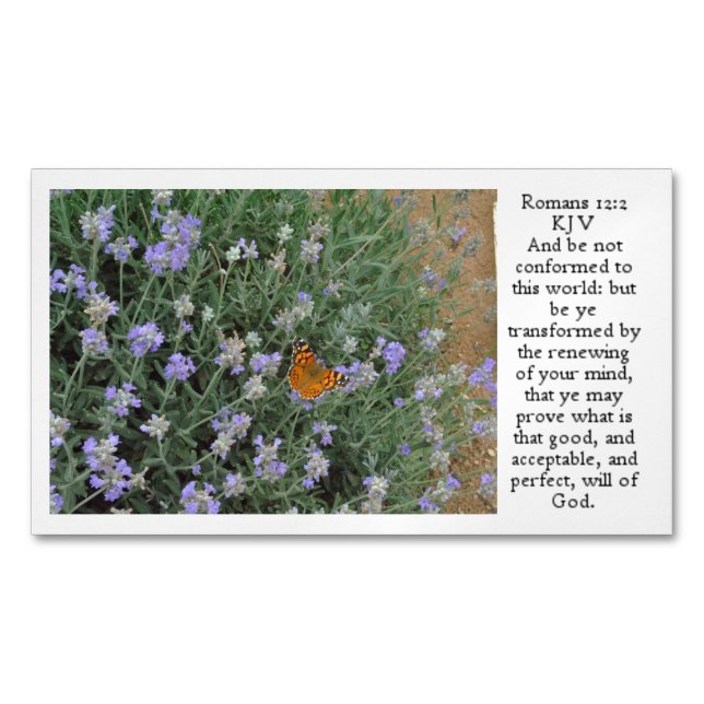 Butterfly on Lavender Romans 12:2 Magnetic Business Card (Front)