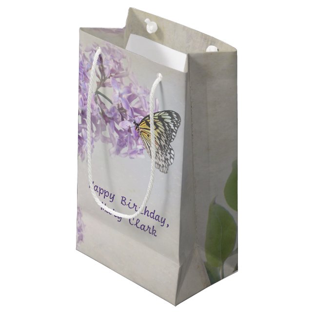 butterfly on lilac small gift bag (Front Angled)