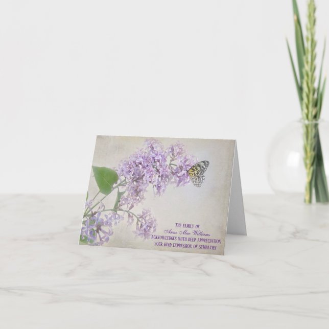 Butterfly On Lilacs Sympathy Thank You Card (Front)