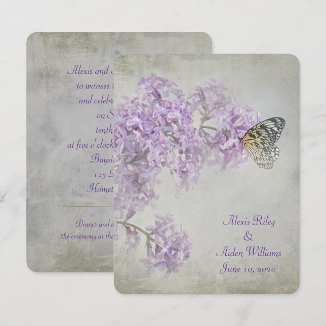 Butterfly on Lilacs wedding invite (Front/Back)