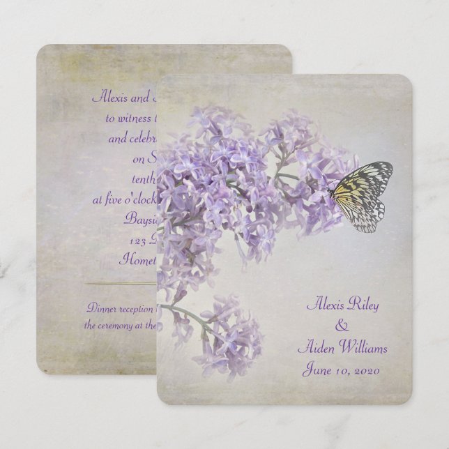 Butterfly on Lilacs wedding invite (Front/Back)
