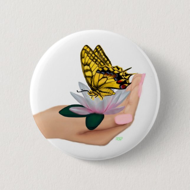 Butterfly on Lotus Bloom 6 Cm Round Badge (Front)