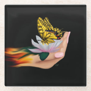 Butterfly on Lotus Bloom Glass Coaster