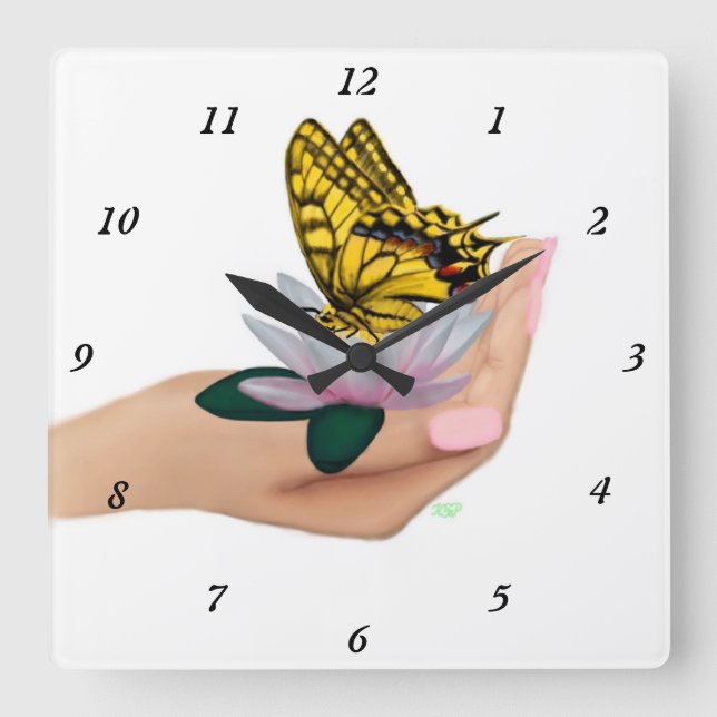 Butterfly on Lotus bloom in Hand Square Wall Clock (Front)