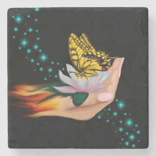 Butterfly on Lotus Bloom Stone Coaster