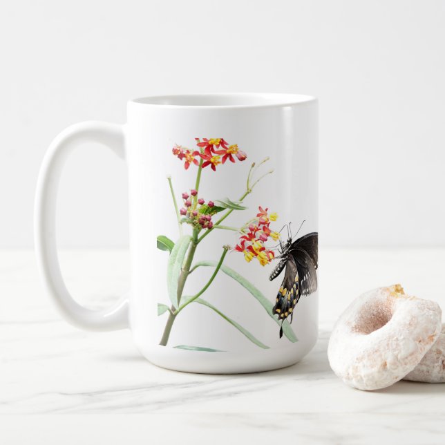 Butterfly on Milkweed Blooms, on White Coffee Mug (With Donut)