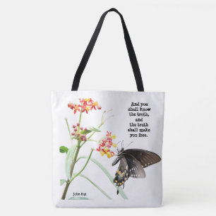 Butterfly on Milkweed, with Verse (John 8:32)  Tote Bag