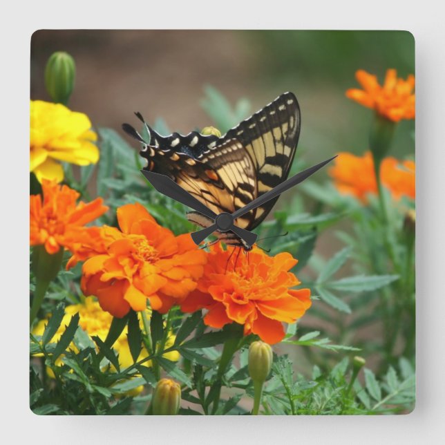 Butterfly on Orange and Yellow Flowers Wall Clock (Front)