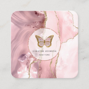 butterfly on pink agate square business card