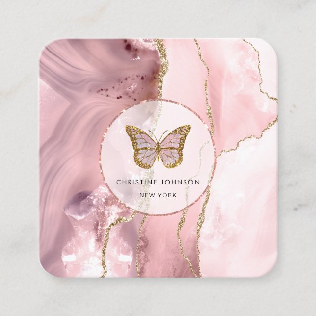 butterfly on pink agate square business card (Front)