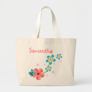 Butterfly on Pink and Blue Flowers Jumbo Tote Bag