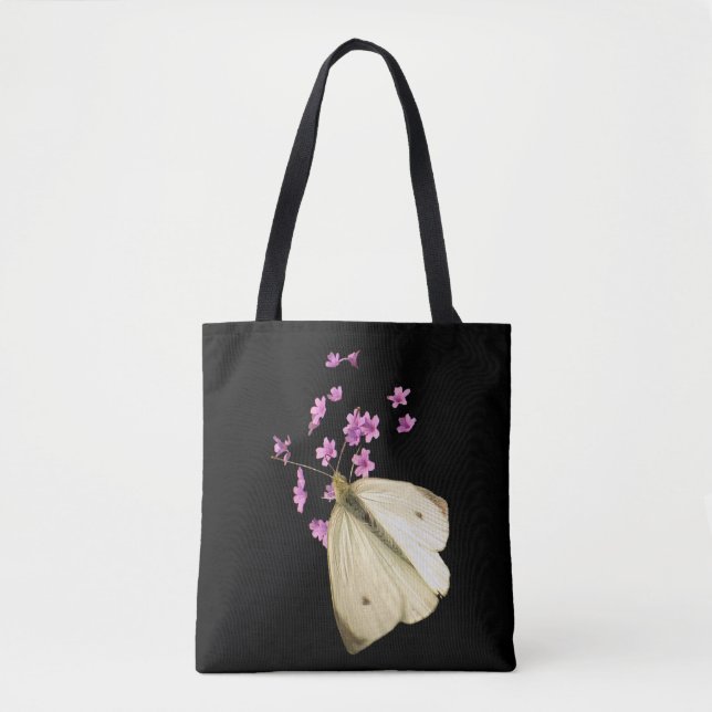 Butterfly on Pink Garden Flowers Floral Tote Bag (Front)