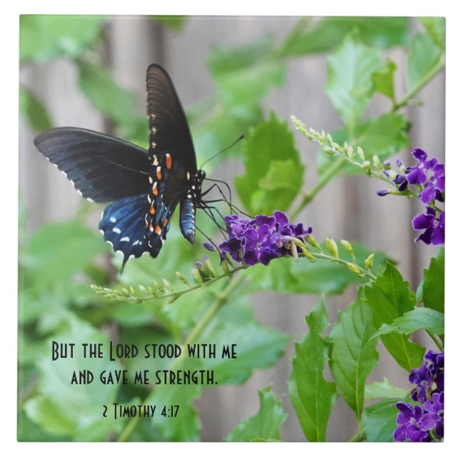 Butterfly on Purple Flowers w/ Scripture Verse Tile (Front)