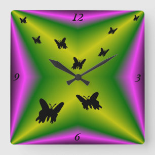 Butterfly on purple green Rainbow Square Wall Clock