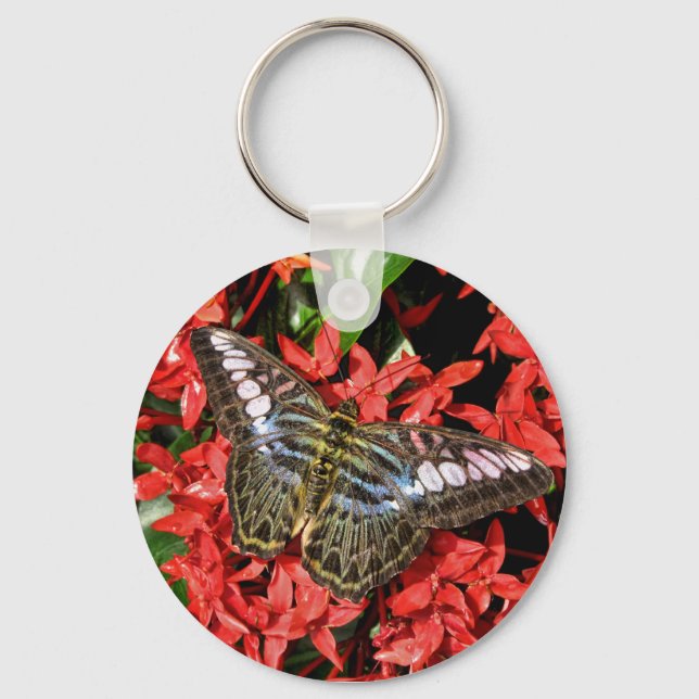 Butterfly on Red Flowers Key Ring (Front)
