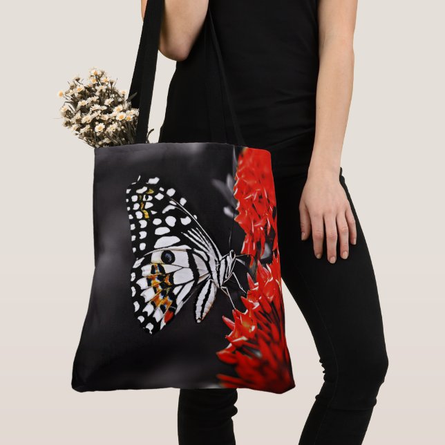 Butterfly on Red Flowers Tote Bag (Close Up)
