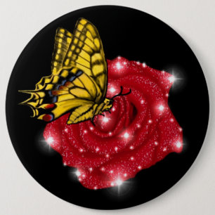Butterfly on red Rose with Stars and Raindrops 6 Cm Round Badge