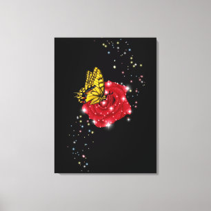 Butterfly on red Rose with Stars and Raindrops Canvas Print