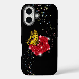 Butterfly on red Rose with Stars and Raindrops iPhone 16 Case
