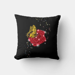 Butterfly on red Rose with Stars and Raindrops Cushion