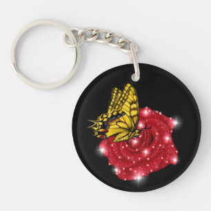 Butterfly on red Rose with Stars and Raindrops Key Ring
