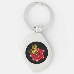 Butterfly on red Rose with Stars and Raindrops Key Ring