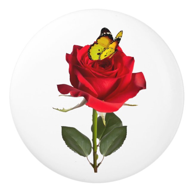 Butterfly on Rose Ceramic Cabinet and Drawer Pull (Front)