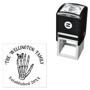 Butterfly on Skeleton Hand Family Name Date Estd  Self-inking Stamp