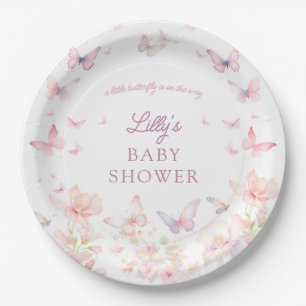 Butterfly on the Way Pink Flowers Baby Shower Paper Plate