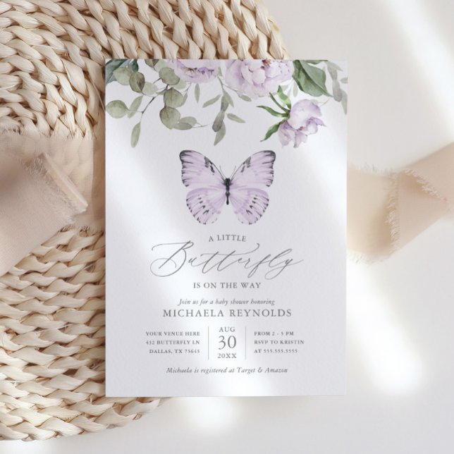 Butterfly on the Way Purple Floral Baby Shower Invitation (Creator Uploaded)