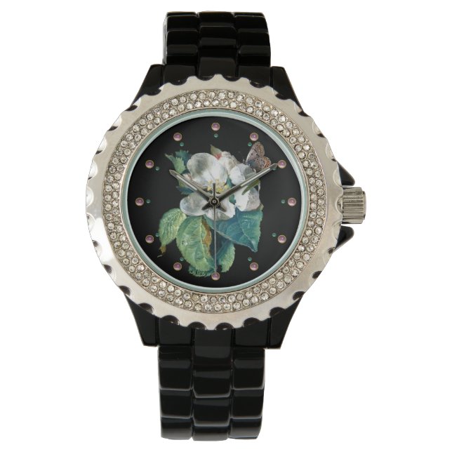 BUTTERFLY ON THE WHITE FLOWER , BLACK FLORAL WATCH (Front)